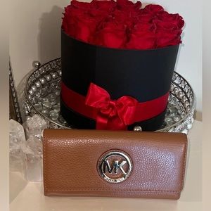 Michael Kors MK Envelope Wallet Clutch Brown 8”x 4” Large Logo Pebble Leather